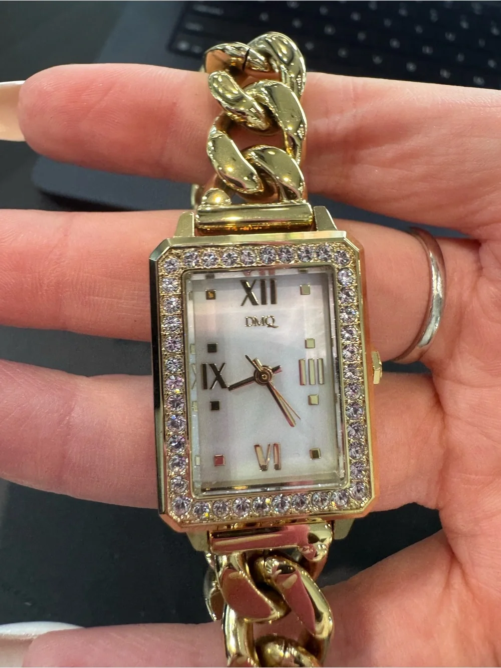 New DMQ Women’s Gold-Tone Rectangular Watch with Rhinestone Bezel and Bracelet